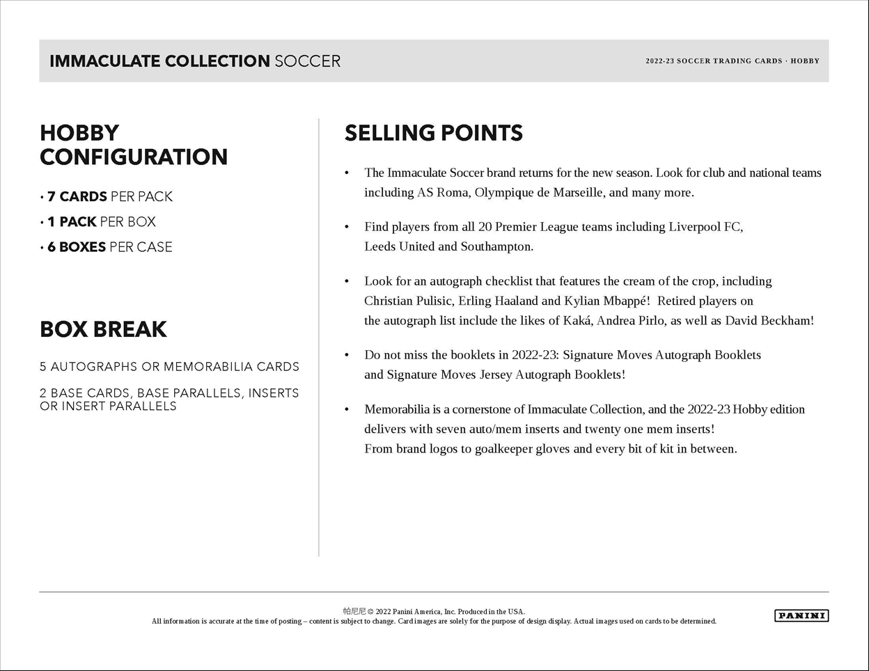 2022 Panini Immaculate Soccer Hobby 6 Box Case